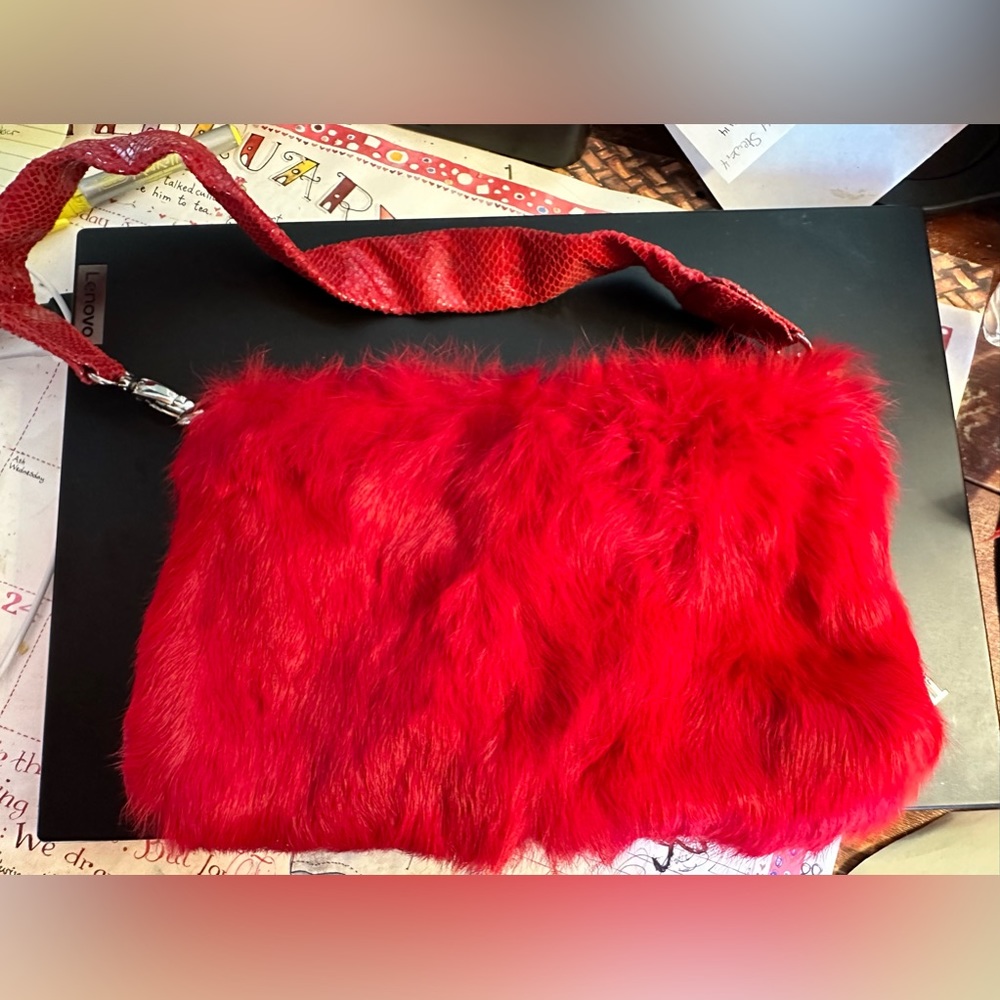 Besso Red rabbit fur bag with snakeskin leather strap.